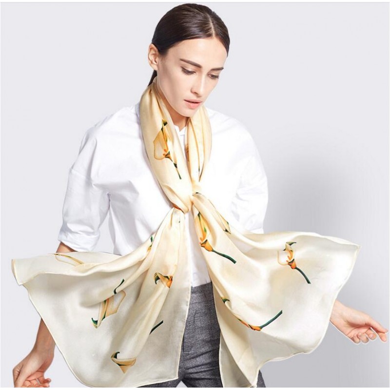 Pure Silk Scarf Gray Print Women Summer Scarf